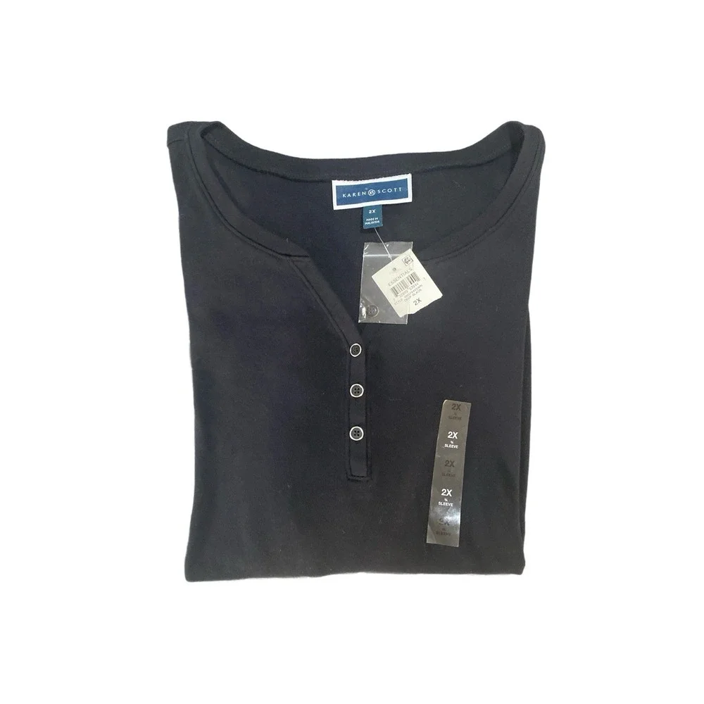 NEW‎ Karen Scott Plus Size 3/4-Sleeve Henley Top, Deep Black Sz-2X Plus Size - Picture 3 of 9